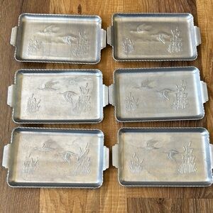 Set of Six Silver Rectangular Trays with Bird Design